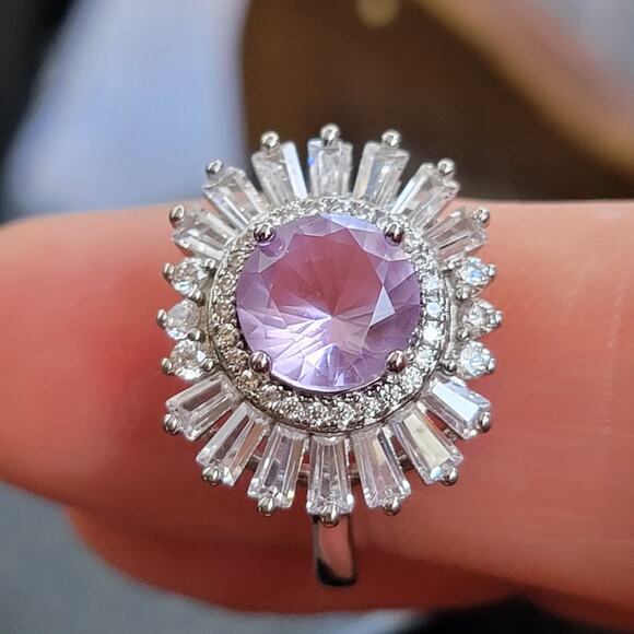 Rhodium Plated Simulated Pink Amethyst Ring - Size 7.5 - Radiant Sunburst Design - Picture 6 of 6